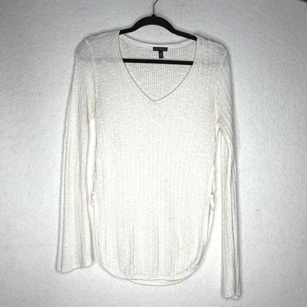 Express Ivory Ribbed V-Neck Lace-Up Side Sweater Size Small